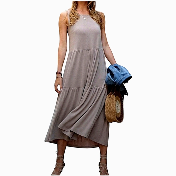 ASH MOCHA Taupe Brown Tier Swing Midi Dress NWOT Size XLR - Picture 1 of 5